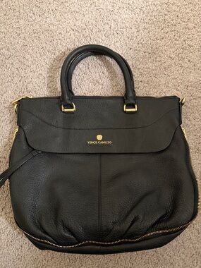 Vince Camuto Black Pebbled Leather Satchel with Gold Hardware